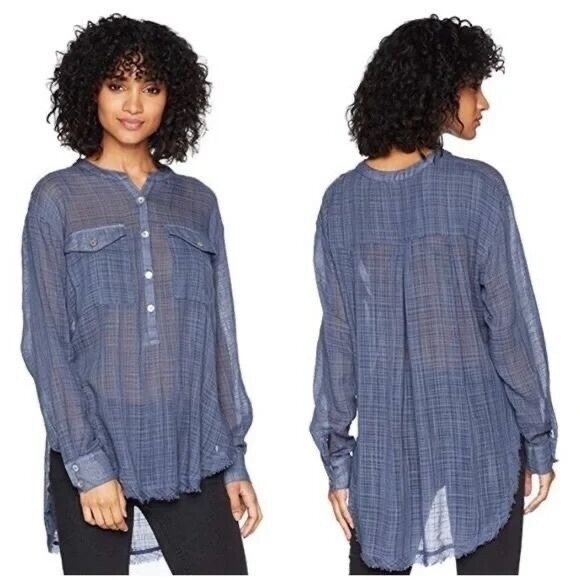 Free People Talk to me Gauze blue Shirt Small - Picture 1 of 7